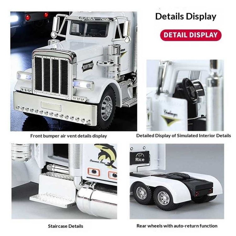 Detailed display of a toy truck with various features highlighted.