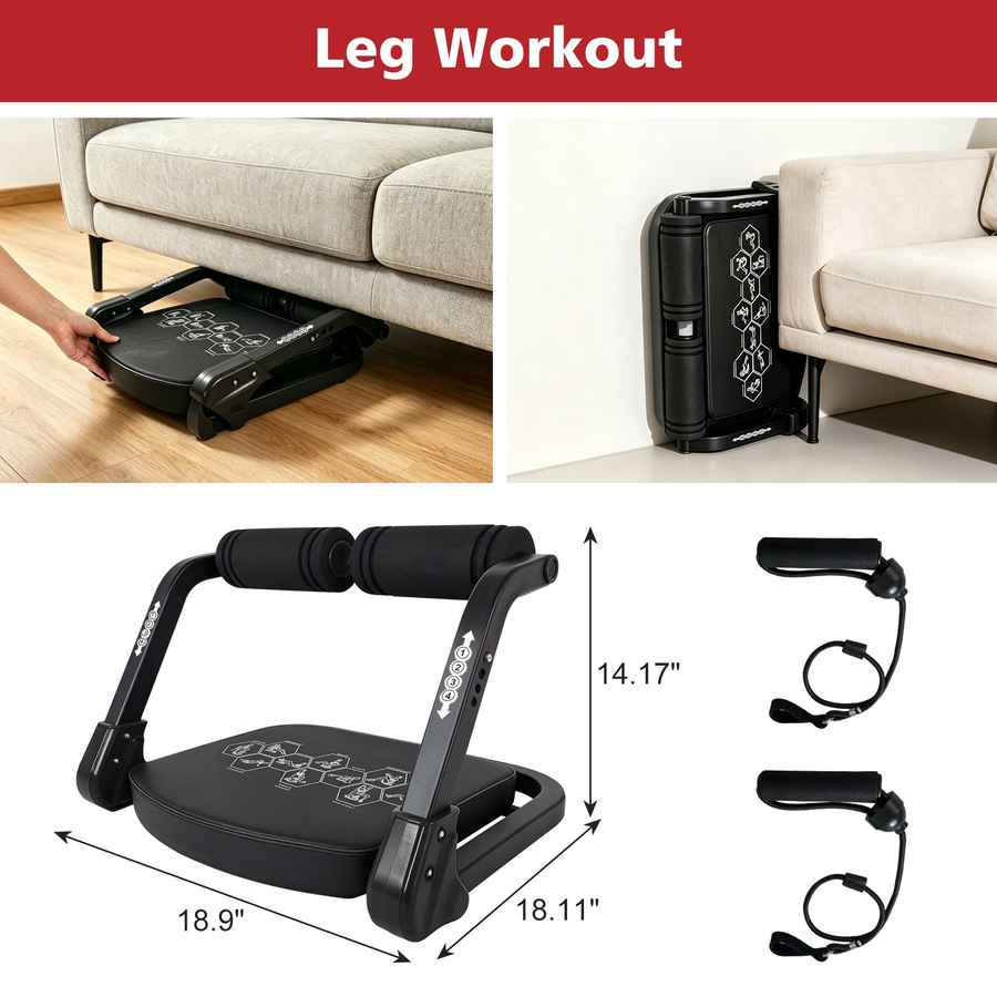 Leg workout equipment with dimensions and accessories displayed on a white background.