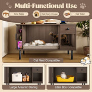 Multi-functional cat litter box enclosure used as side table, cat house, and toilet with storage and cozy interior.