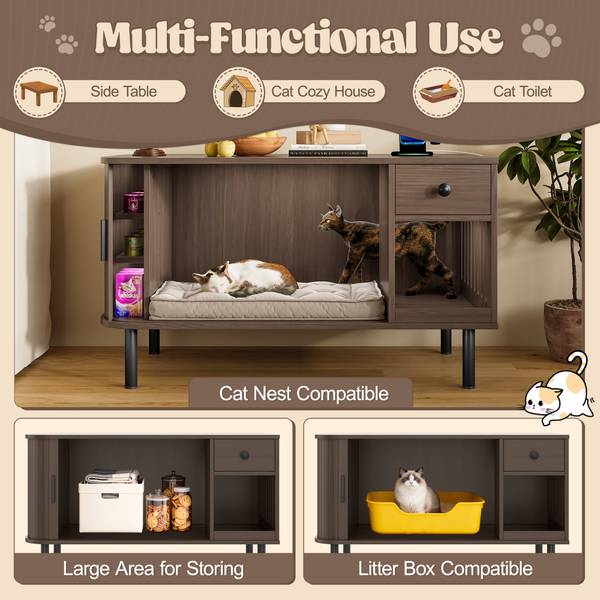 Multi-functional cat litter box enclosure used as side table, cat house, and toilet with storage and cozy interior.