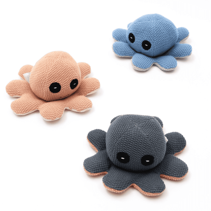 Gray knitted octopus plush toy with black eyes, soft baby-friendly stuffed animal