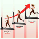 Woman in pink workout outfit walking on a foldable treadmill with digital display and control buttons for home exercise