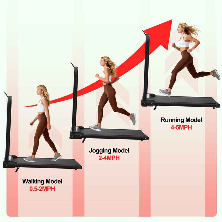 Woman in pink workout outfit walking on a foldable treadmill with digital display and control buttons for home exercise