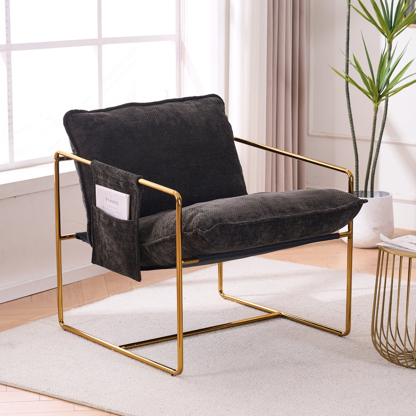 2 Chairs in 1 Box, Upholstered Hanging Armchair with Arm Pockets Metal frame, gold-plated craftsmanship, crushed foam cushions and skin-friendly woven fabric for living room and bedroom. Dark Gray