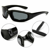 Black sunglasses with detailed close-ups on a white background