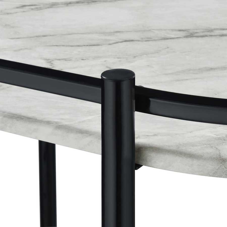 Close-up of faux marble serving cart shelf showing realistic marble texture and smooth black metal frame detailing.
