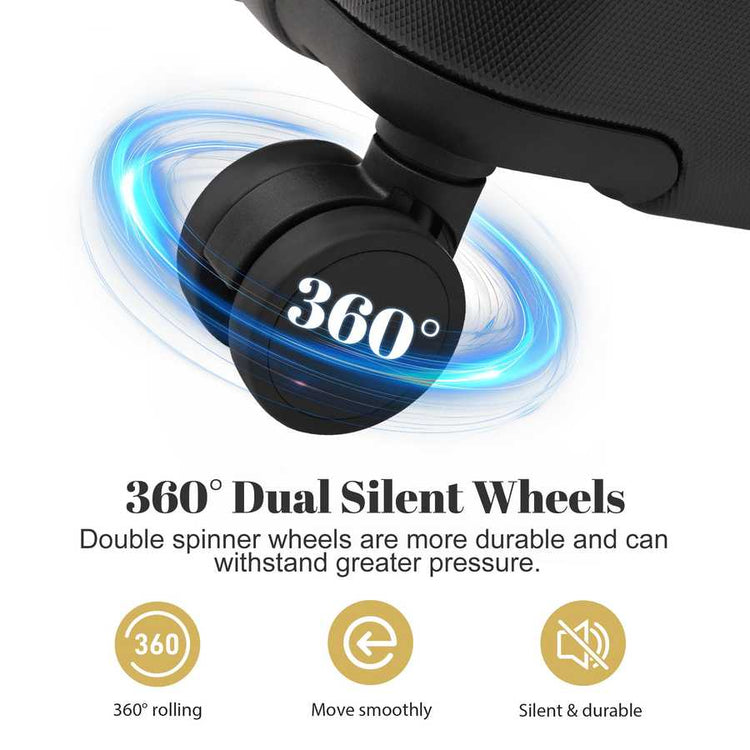 360-degree dual silent wheels with text and icons on a white background