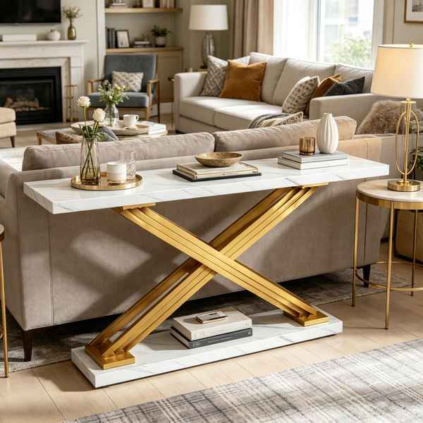 A modern console table with a white marble-look top and base, supported by a bold gold X-shaped metal frame, styled in a contemporary living room setting.