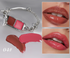 A silver-toned lipstick-shaped bracelet shown on the left, with two close-up lip swatches on the right demonstrating the glossy nude-pink lip color. Two lipstick smears and the shade number 04