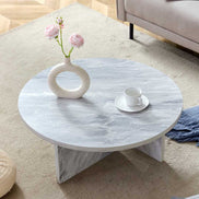 Top view of MDF white round coffee table with Nordic flair, styled with minimalist decor for a modern interior look.