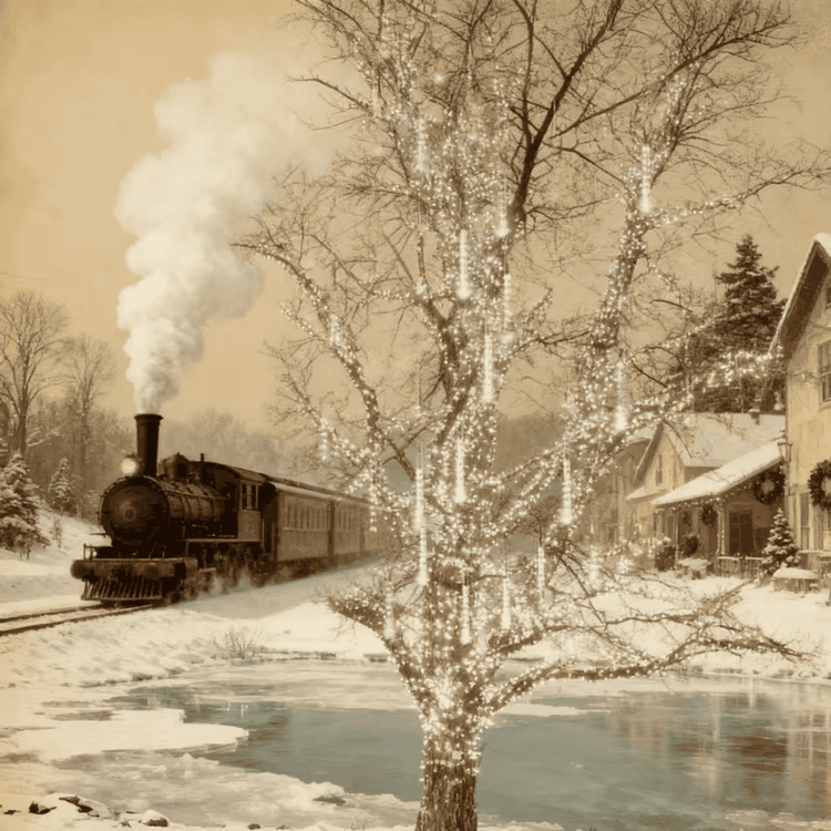 Snowy tree decorated with white meteor shower lights beside a steam train