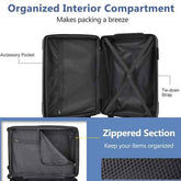 Black suitcase with labeled features on a white background