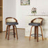 Set of two modern wooden frame swivel bar stools with black cushioned seats, rounded backrest with woven cane design, and adjustable height, placed in a contemporary kitchen.
