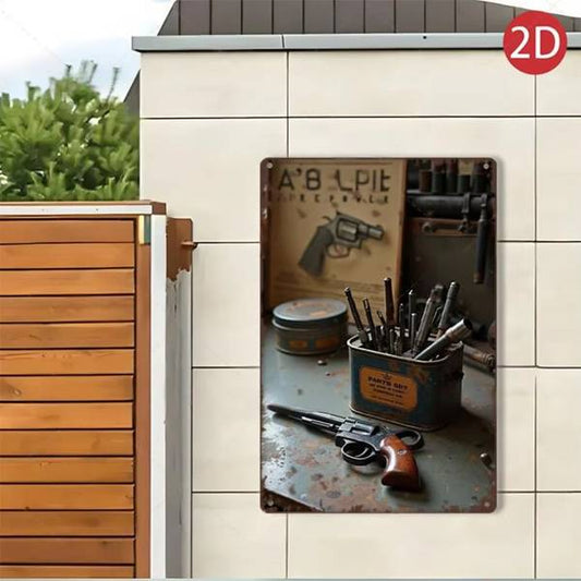 CIFbuy Rustic Metal Workshop Sign - rustic metal workshop sign featuring vintage tools and revolver on aluminum for home wall décor.