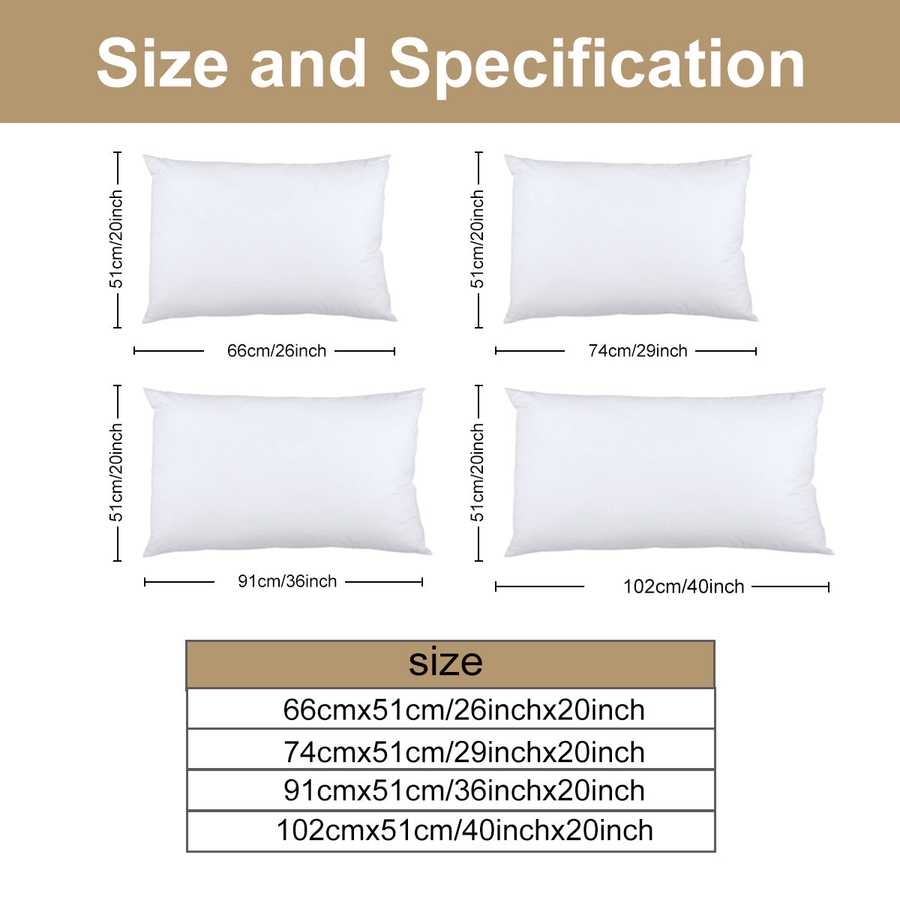 Measurement chart for different pillow sizes with white pillows on a beige background