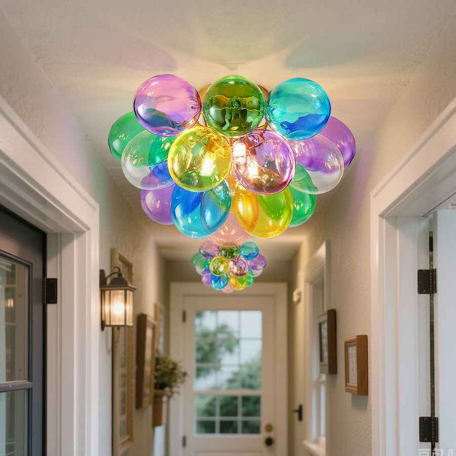 Colorful balloon-like ceiling light fixture in a hallway