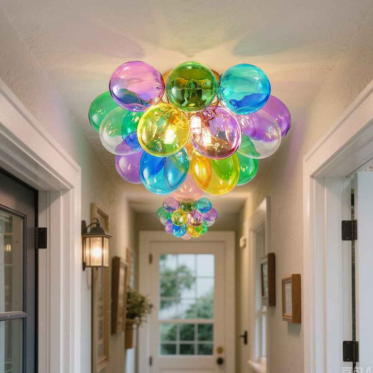 Colorful balloon-like ceiling light fixture in a hallway