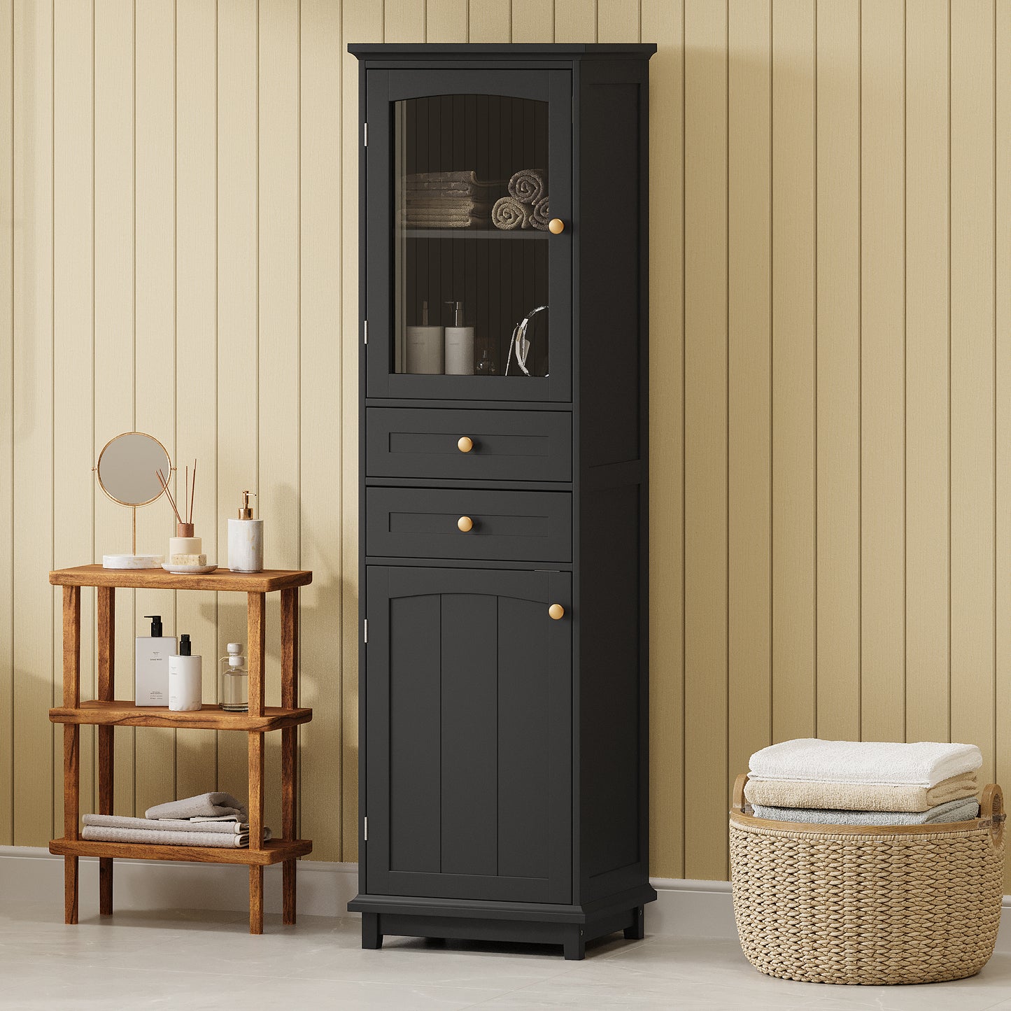 63" Tall Bathroom Storage Cabinet with Glass Doors, Free-Standing, Two Drawers, and Adjustable Shelves, MDF Board, Painted Black