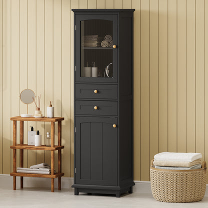 63" Tall Bathroom Storage Cabinet with Glass Doors, Free-Standing, Two Drawers, and Adjustable Shelves, MDF Board, Painted Black