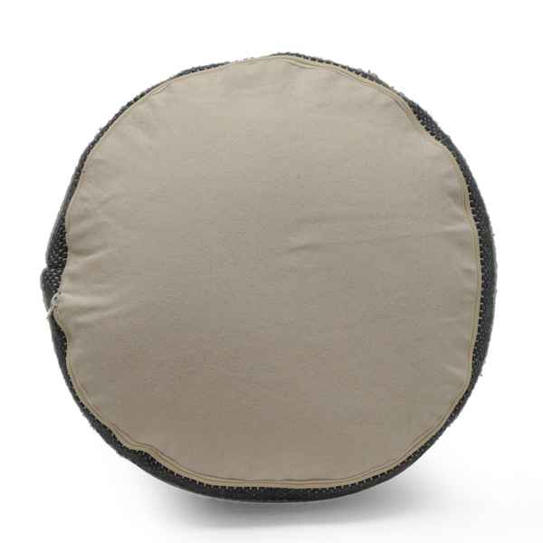 A round floor cushion with a beige fabric center and a dark charcoal gray knit trim, shown against a plain white background.