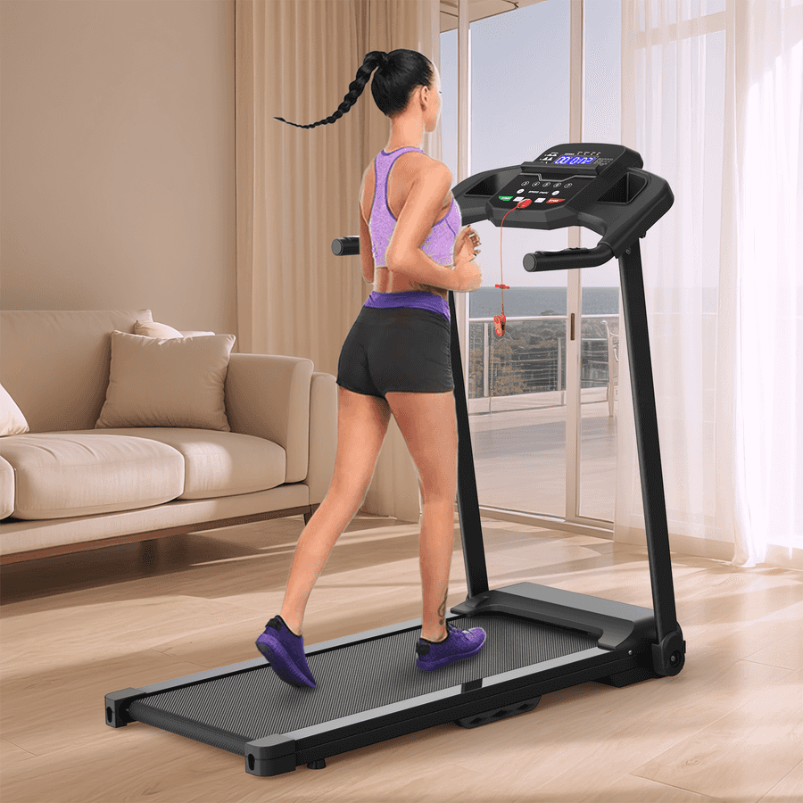 Woman running on treadmill in living room