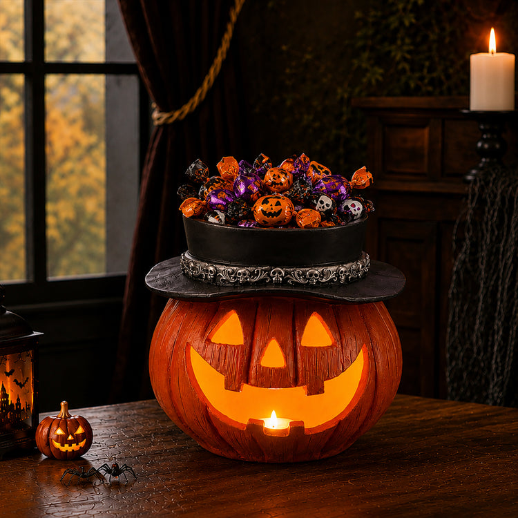 A Halloween-themed candy holder shaped like a carved orange jack-o&