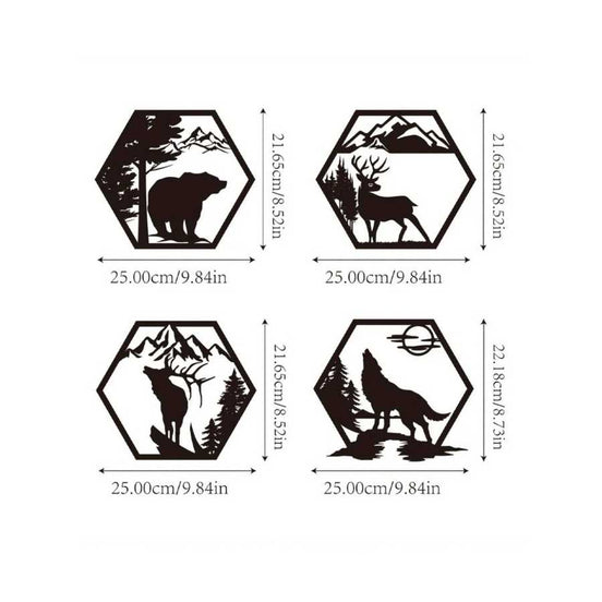 Iron Hexagon Forest Animal Wall Art Set with dimensions shown for each piece, includes bear, deer, elk, and wolf in mountain scenes, rustic metal decor.