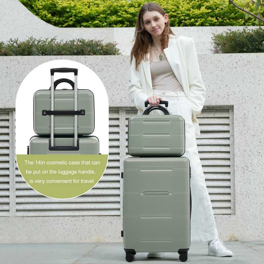 Woman holding a set of gray suitcases with a small cosmetic case attached, standing outdoors.
