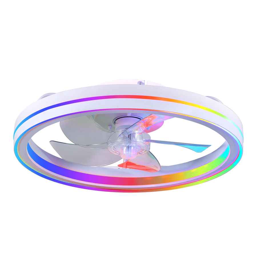 Ceiling fan with colorful light rings on a white background
