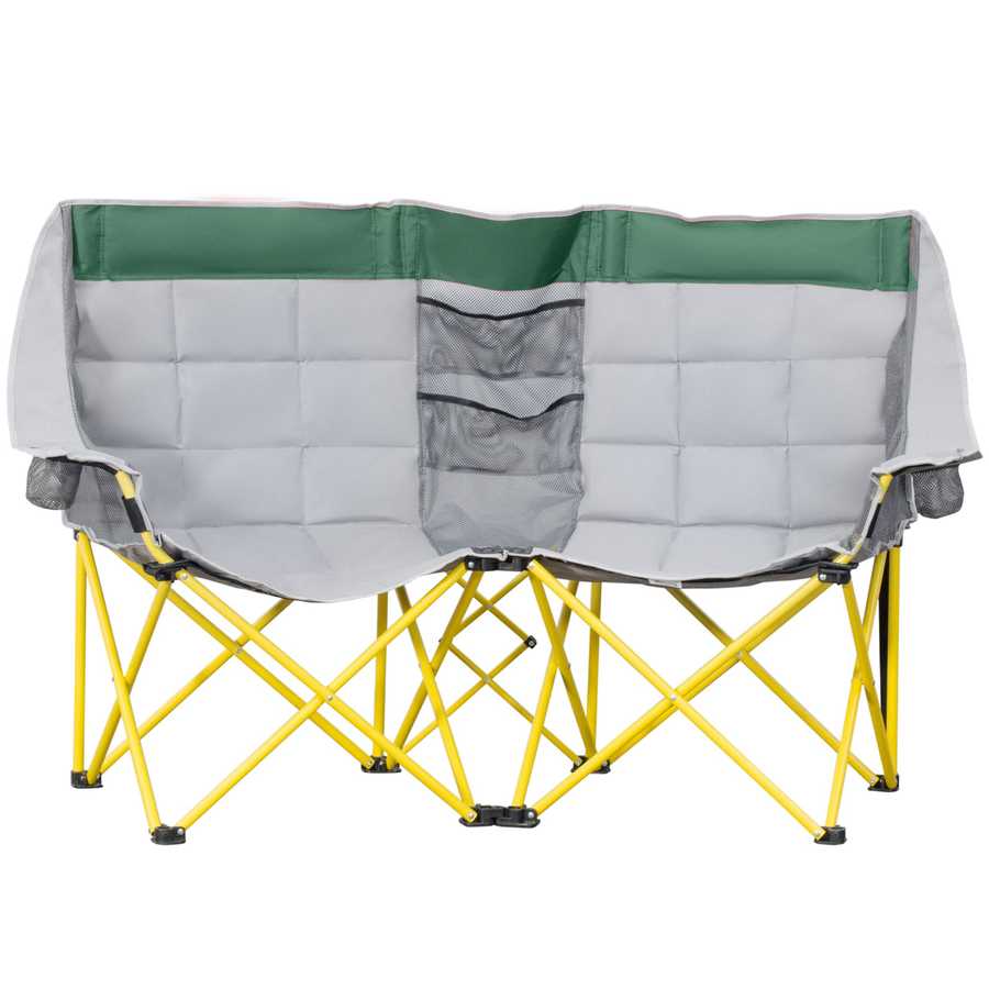 Two-person camping chair with green and gray backrests and yellow frame on a white background