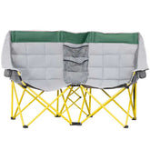 Two-person camping chair with green and gray backrests and yellow frame on a white background