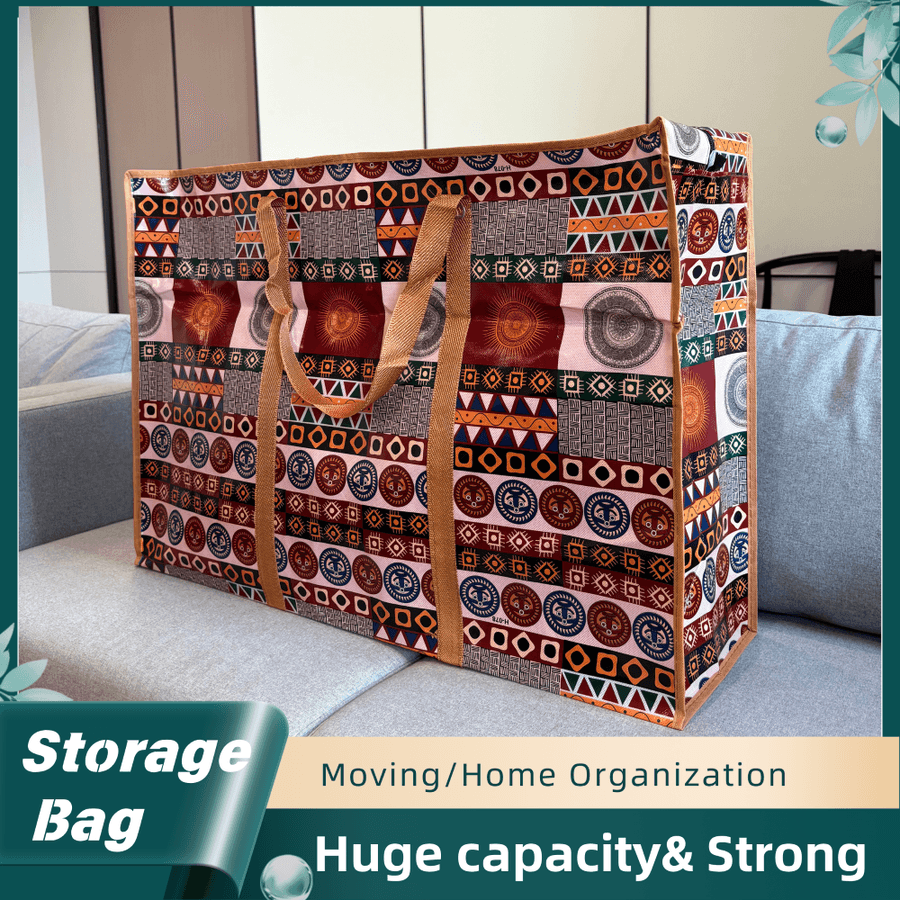 Patterned storage bag with handles on a couch, labeled for moving and home organization.