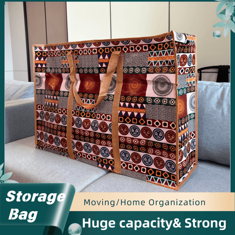 Patterned storage bag with handles on a couch, labeled for moving and home organization.