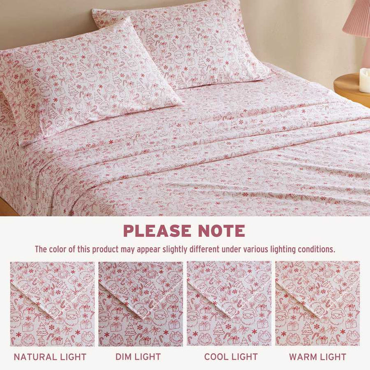 Holiday Doodles - Twin XL Cotton Flannel Sheet Set shown under different lighting conditions to highlight color variations in natural, dim, cool, and warm light.