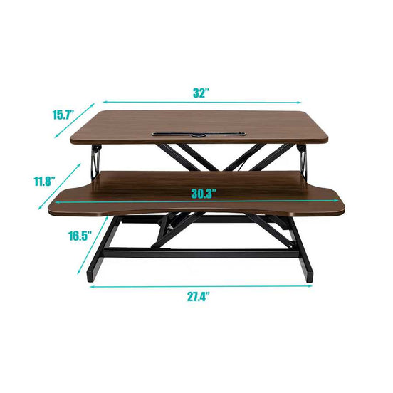 Dimensions of 32 Inch Height Adjustable Desk Converter showing dual-tier workspace for dual monitors, perfect for ergonomic office furniture needs.