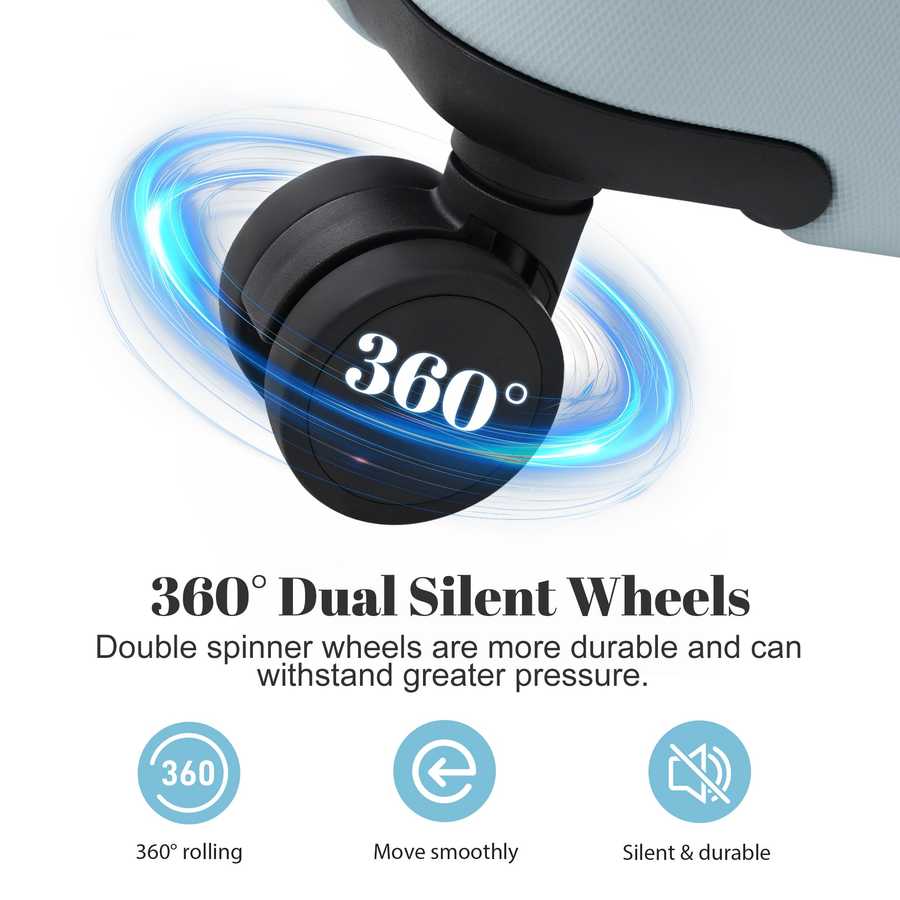 360-degree dual silent wheels with text and icons on a white background