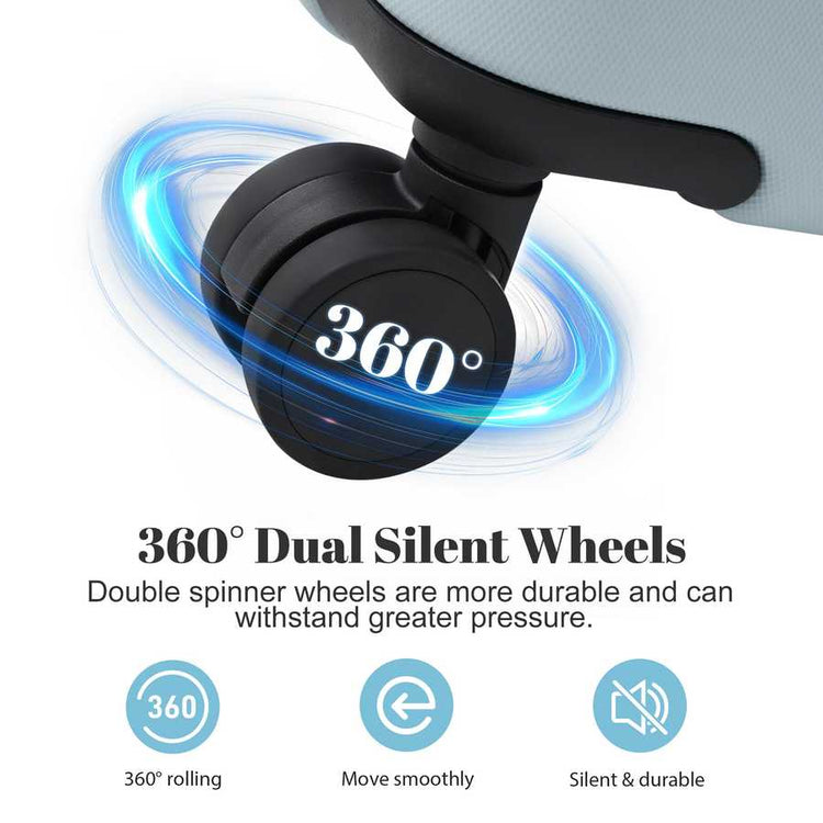 360-degree dual silent wheels with text and icons on a white background