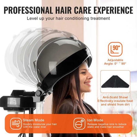Woman using hair steamer for professional and home hair care treatments