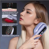 A woman with long blonde hair uses a lavender-purple handheld beauty device on her neck and upper back. The image includes three inset diagrams with English text describing benefits such as intense pleasure at the top of the head, essential oil atomization, red light penetration, and 16 comb teeth vibrating densely.