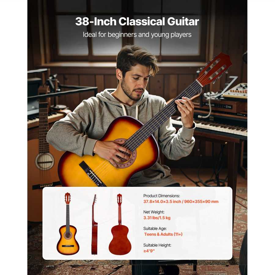 All-in-one classical guitar starter kit with gig bag, picks, strings, capo, tuner, and strap