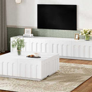 Modern TV Stand and Coffee Table Set styled in a bright living room with floral accents, wall-mounted TV, and wood flooring.