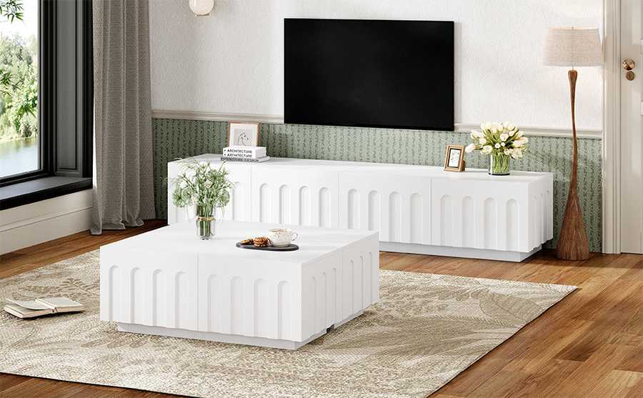 Modern TV Stand and Coffee Table Set styled in a bright living room with floral accents, wall-mounted TV, and wood flooring.