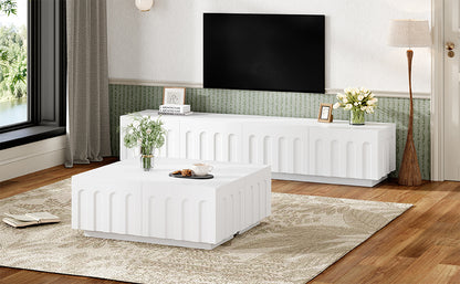Modern TV Stand and Coffee Table Set styled in a bright living room with floral accents, wall-mounted TV, and wood flooring.