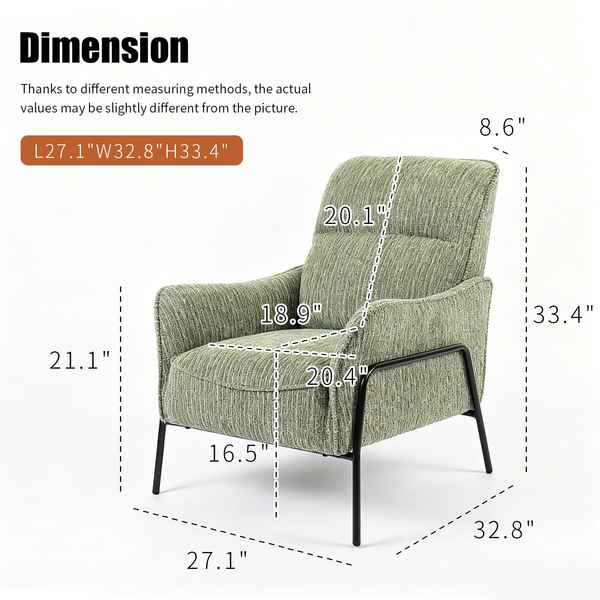 An upholstered armchair shown on a white background with overlaid dimension lines and measurements, plus the heading &
