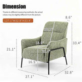 An upholstered armchair shown on a white background with overlaid dimension lines and measurements, plus the heading &