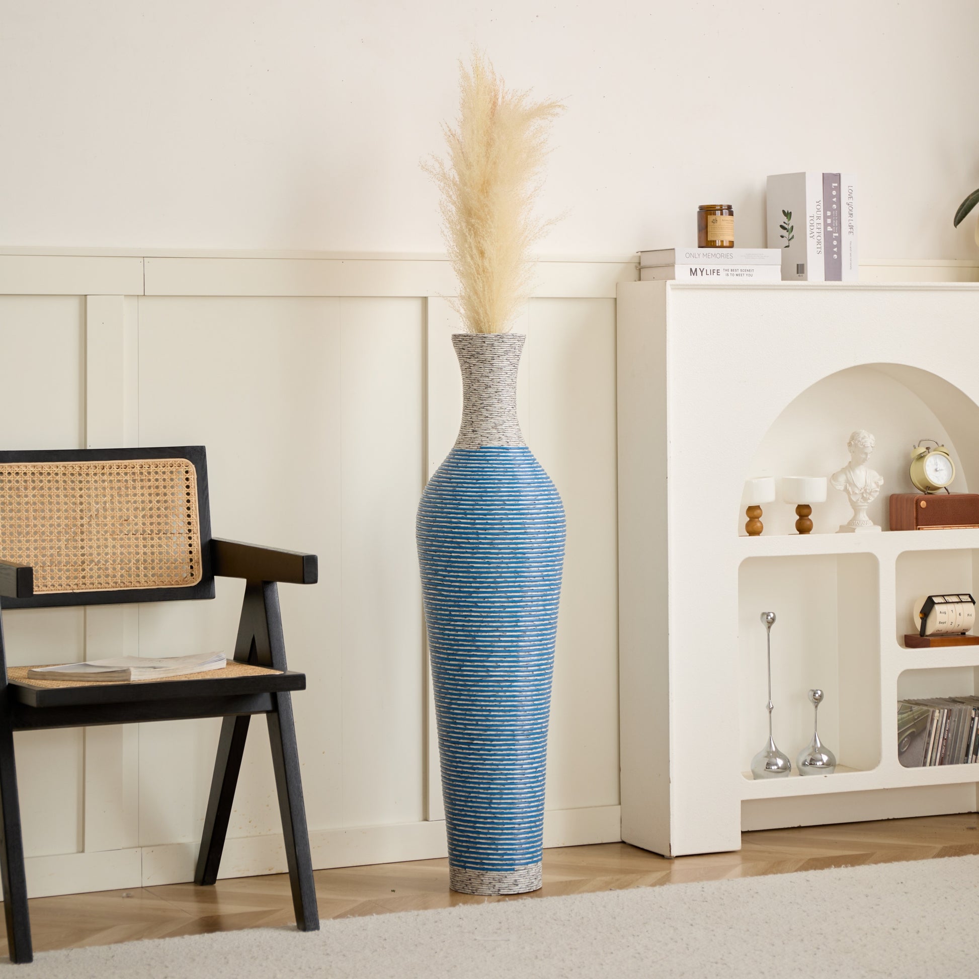 Blue 39-inch floor vase decor with pampas grass styled in a white living room, ideal for elegant home decoration.