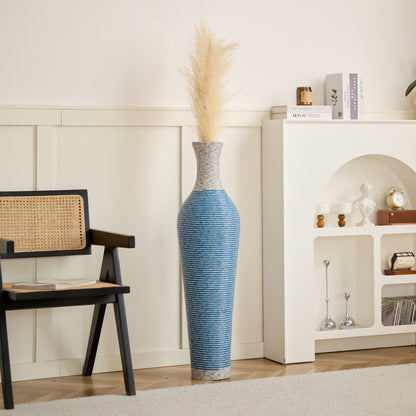 Blue 39-inch floor vase decor with pampas grass styled in a white living room, ideal for elegant home decoration.