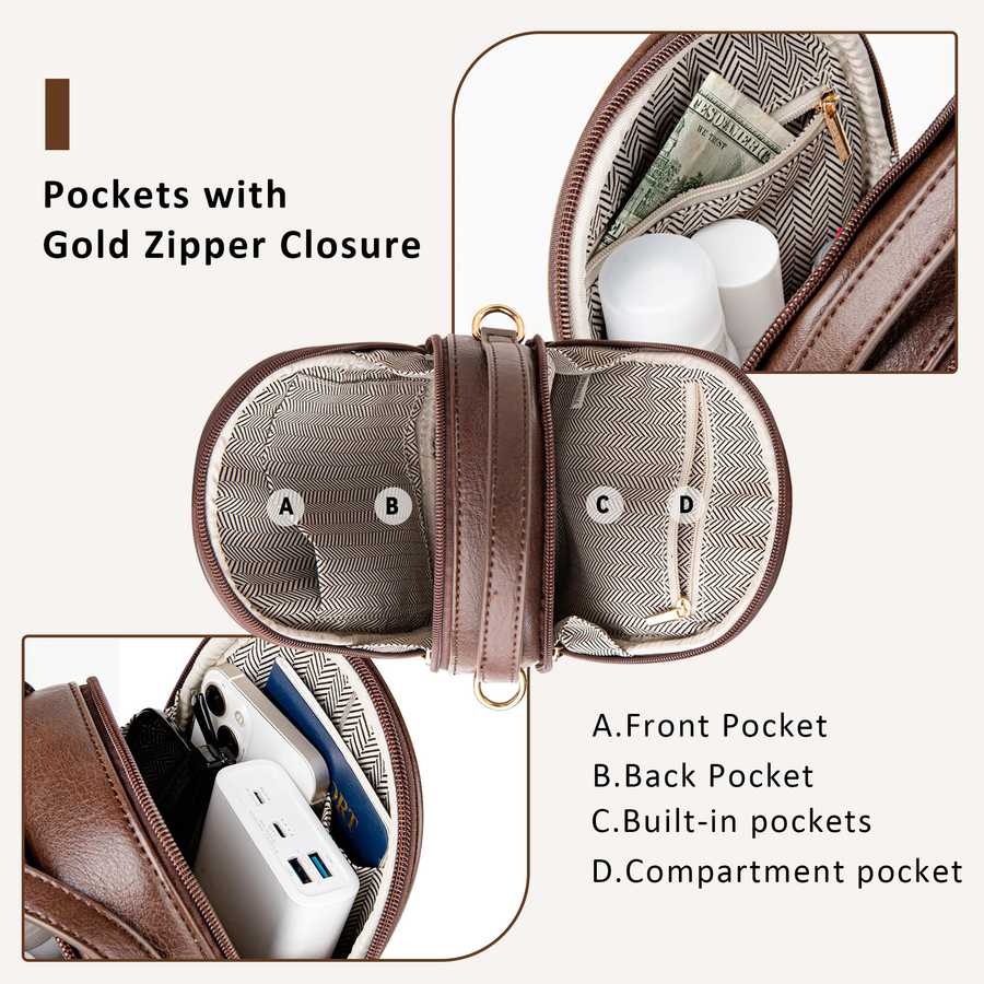Brown travel pouch with gold zipper closure, labeled pockets on a white background.