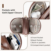 Brown travel pouch with gold zipper closure, labeled pockets on a white background.