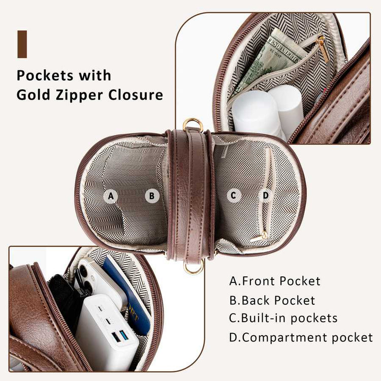 Brown travel pouch with gold zipper closure, labeled pockets on a white background.